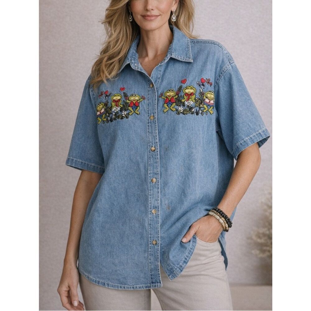 Quizz Again Frog Embroidered Denim Button Front Shirt XL Vintage Cotton Top